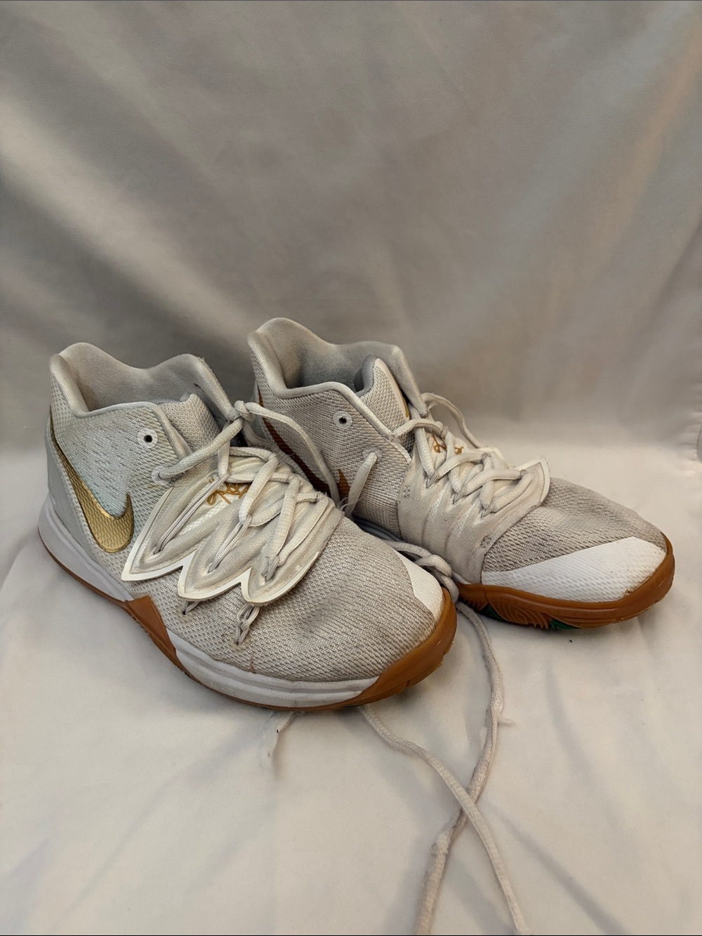 Nike White and Gold Mid-Top Basketball Sneakers